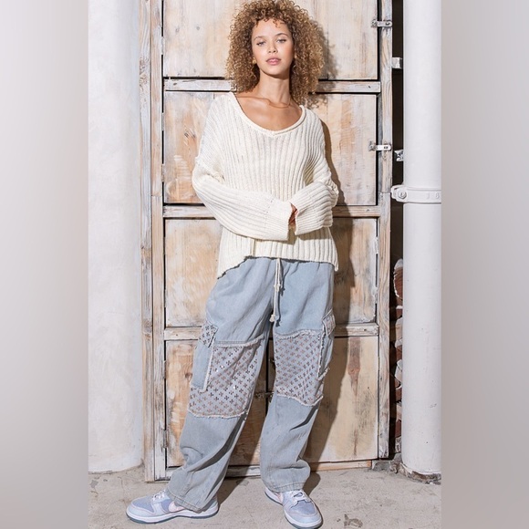 POL Adorable Baggy Denim Jeans Draw-string Slouchy Pants Sequins NEW - Picture 2 of 6